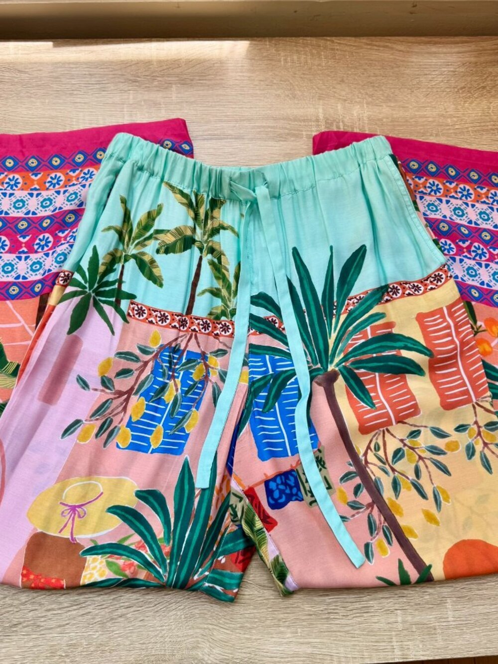 New Anthropologie Seafolly Vacation Printed Silk Wide-Leg Drawstring Pants Mediu